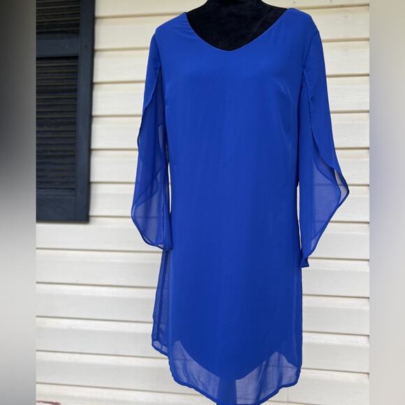 Luxology Blue Sheer Sleeve Shift Cocktail Dress Size 10 - Picture 1 of 7